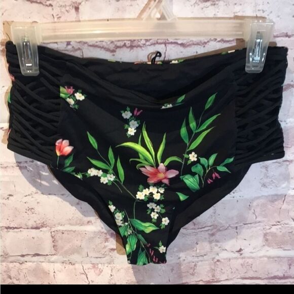 TiNi BiKiNi Black floral flounce high waisted 2 piece Xlarge bikini - Picture 14 of 16